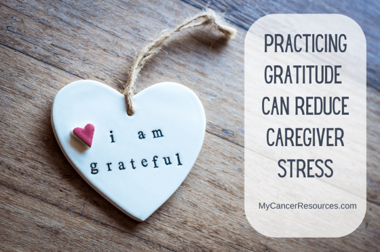 practicing gratitude can reduce caregiver stress text with ceramic heart that says I am grateful