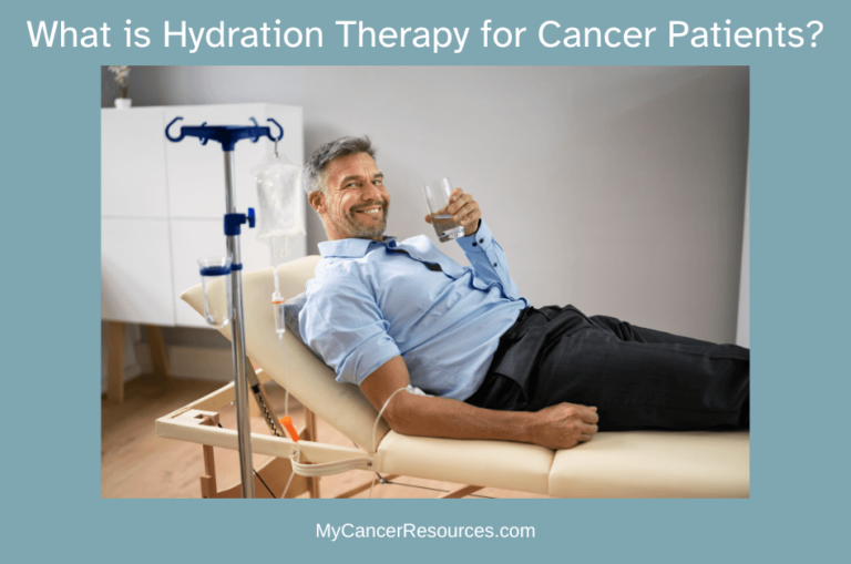 man drinking water and receiving hydration therapy for cancer patients