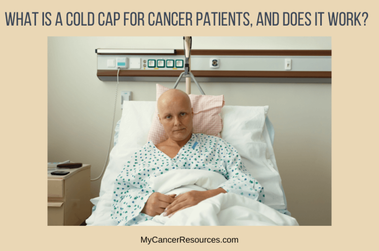 bald cancer patient in bed with text what is a cold cap for cancer patients