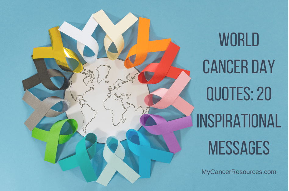 Globe surrounded by cancer awareness ribbons for World Cancer Day Quotes