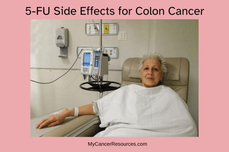 woman in chair getting chemo worrying about 5-fu side effects for colon cancer