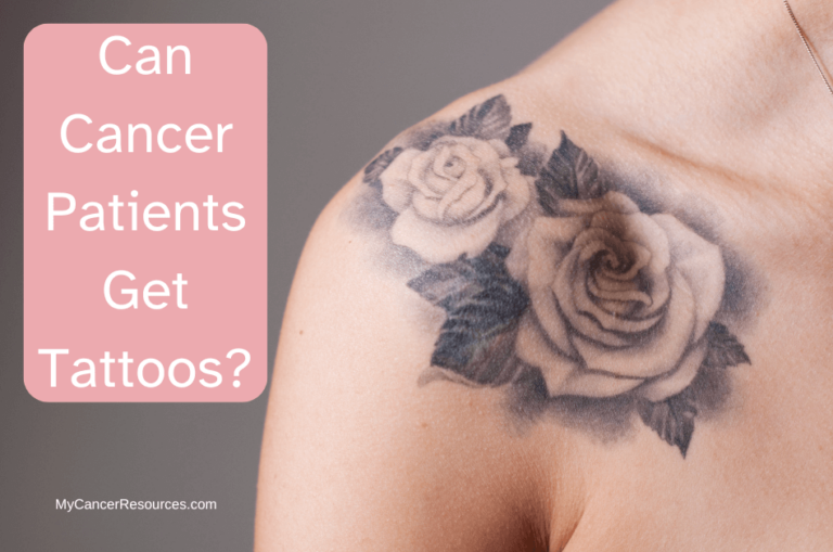 Picture of a woman's shoulder with a rose tattoo and the text can cancer patients get tattoos