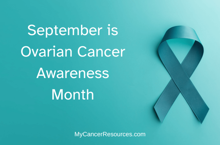 Teal background with teal ribbon with white text reading September is Ovarian Cancer Awareness Month