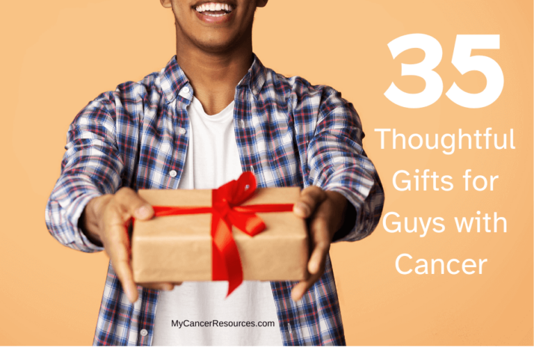 A man holding out a wrapped gift with the text 35 Thoughtful Gifts for Male Cancer Patients